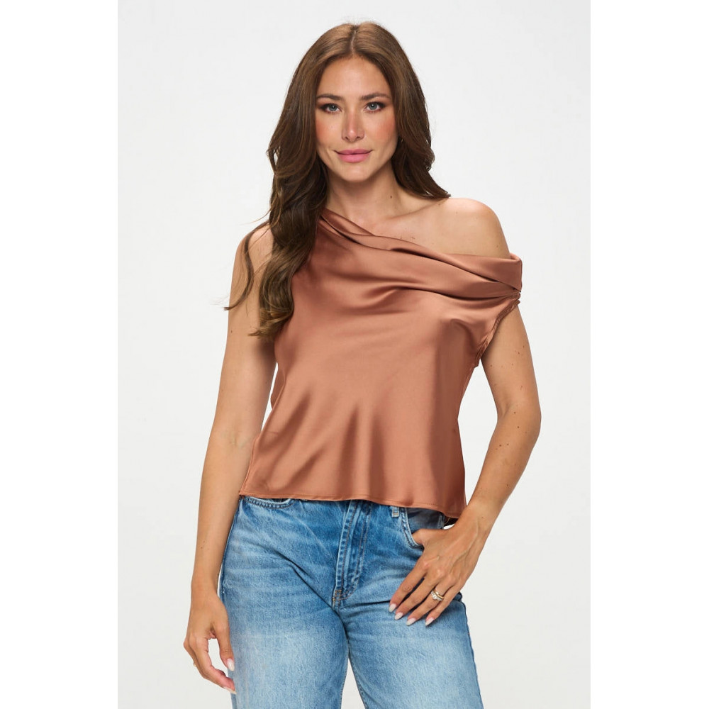 Gleam Shoulder Long Sleeve Satin Top